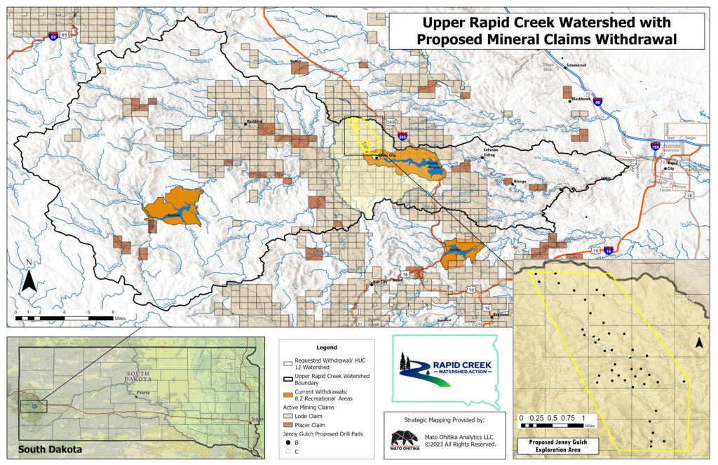 A map of the Black Hills of South Dakota showing withdrawal areas for mining.